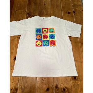 Yahan White Graphic T-Shirt Pop Art Smiley Face Grid Streetwear Tee